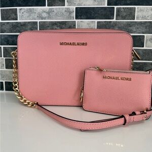 MICHAEL KORS Pink Saffiano Leather Crossbody with Card Case and Gold Chain
